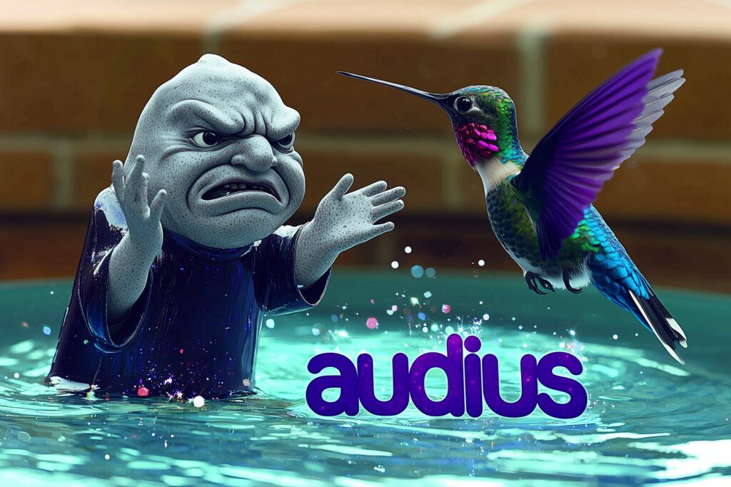concept illustration of audius artist pools with a grumpy magnet and a hummingbird.